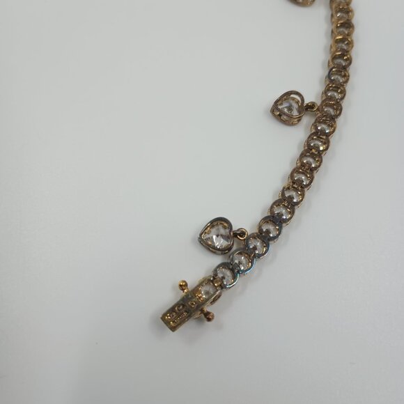 CZ Goldtone 925 Sterling Silver Tennis Bracelet with Dangle Hearts. - Picture 4 of 5
